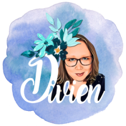 Het woord Divien in sierlijk lettertype met daarachter een getekende afbeelding van Divina en een paar bloemen erbij als decoratie